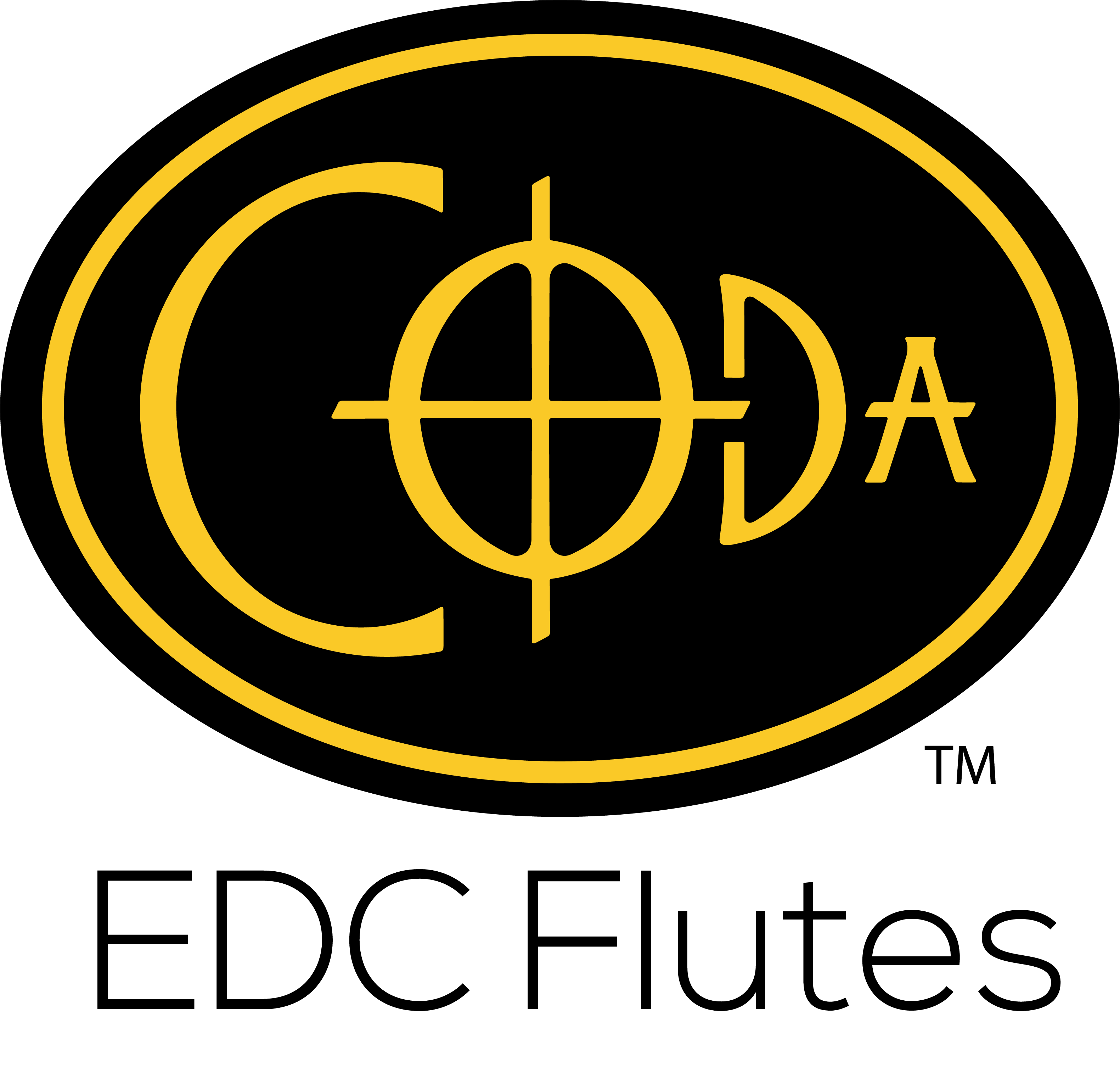 Coda EDC Flutes Logo: an oval surrounds the letters C, O, D, A. The O is shaped like the Coda symbol in music notation.