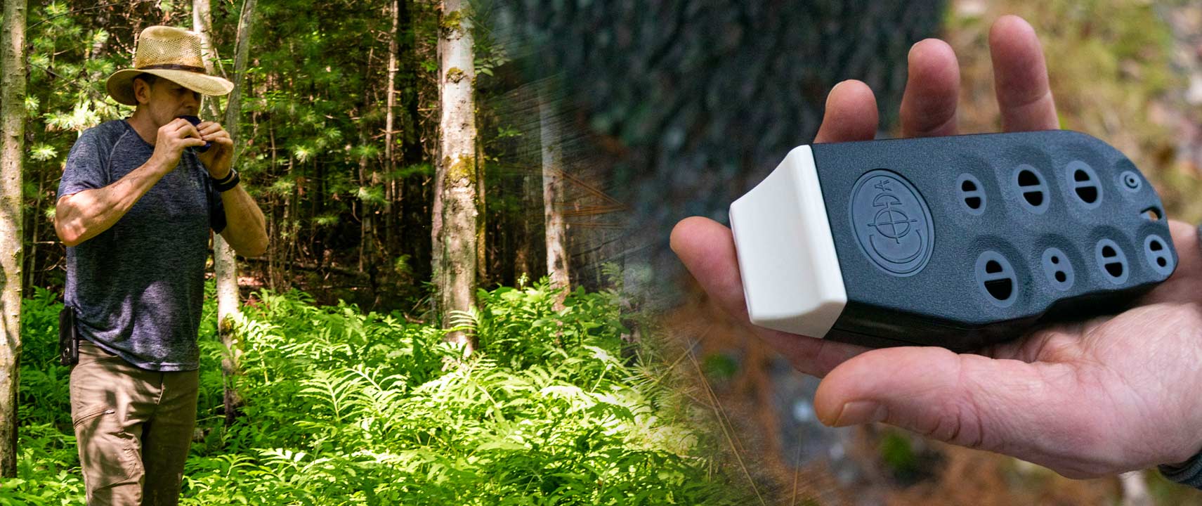 Man playing portable Coda EDC Flute in forest. Image showing that Coda fits in palm of hand